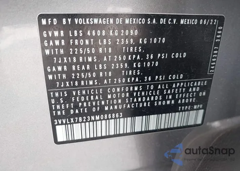 2022 Volkswagen Taos 1.5T Se из США, поврежденный, VIN 3VVLX7B23NM086863